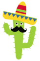 Grafika zielony, wąsaty kaktus w żółtym kapeluszy sombrero